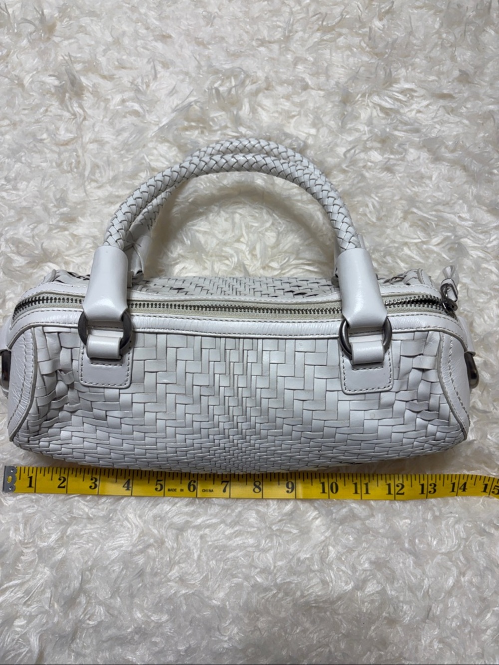 Cole Haan Woven White Leather East-West Satchel Double Braided Handles, 14 in. - Picture 7 of 10